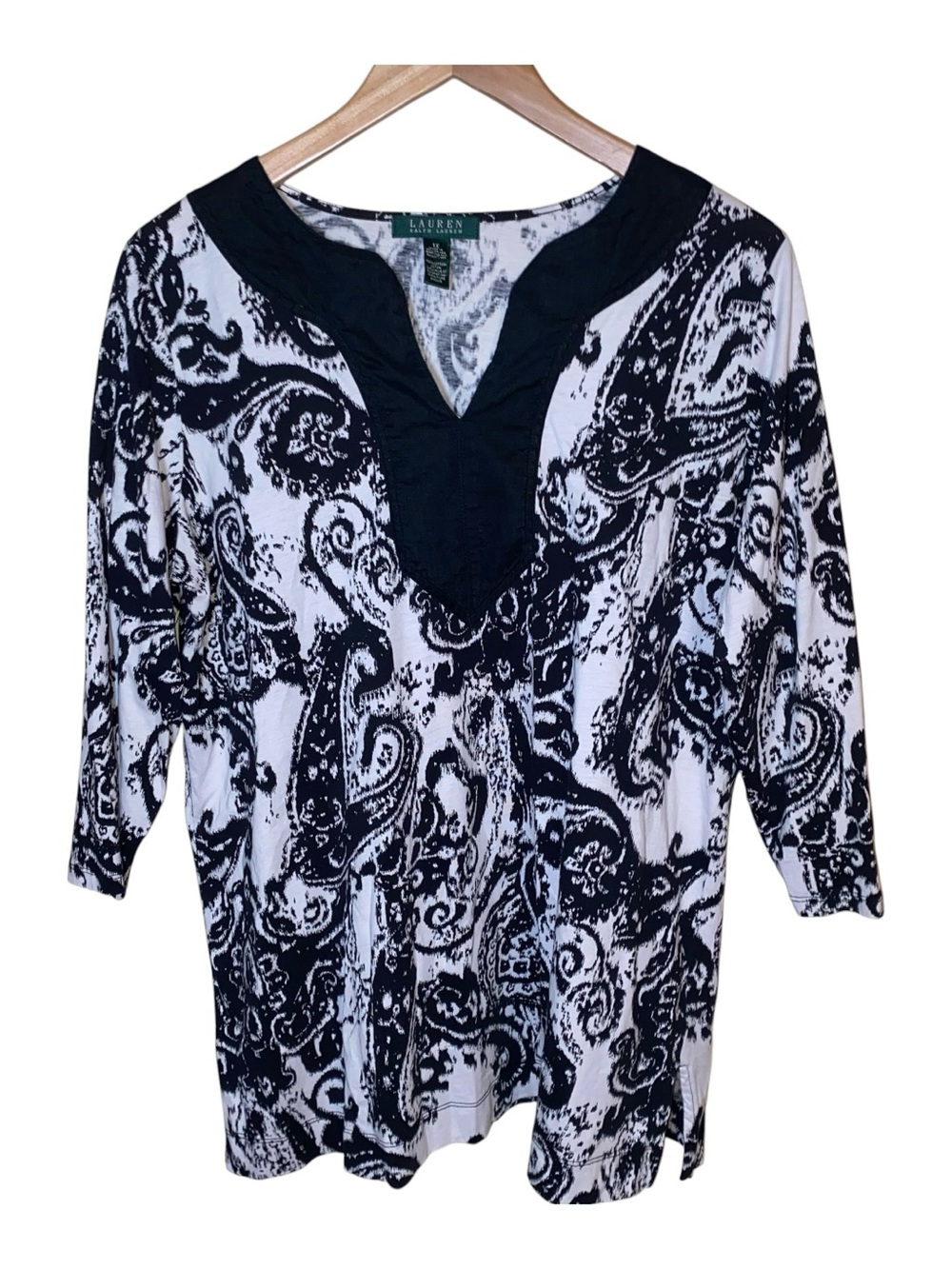 Lauren Ralph Lauren Black White Split V-Neck Paisley Cotton Tunic Blouse Size 1X